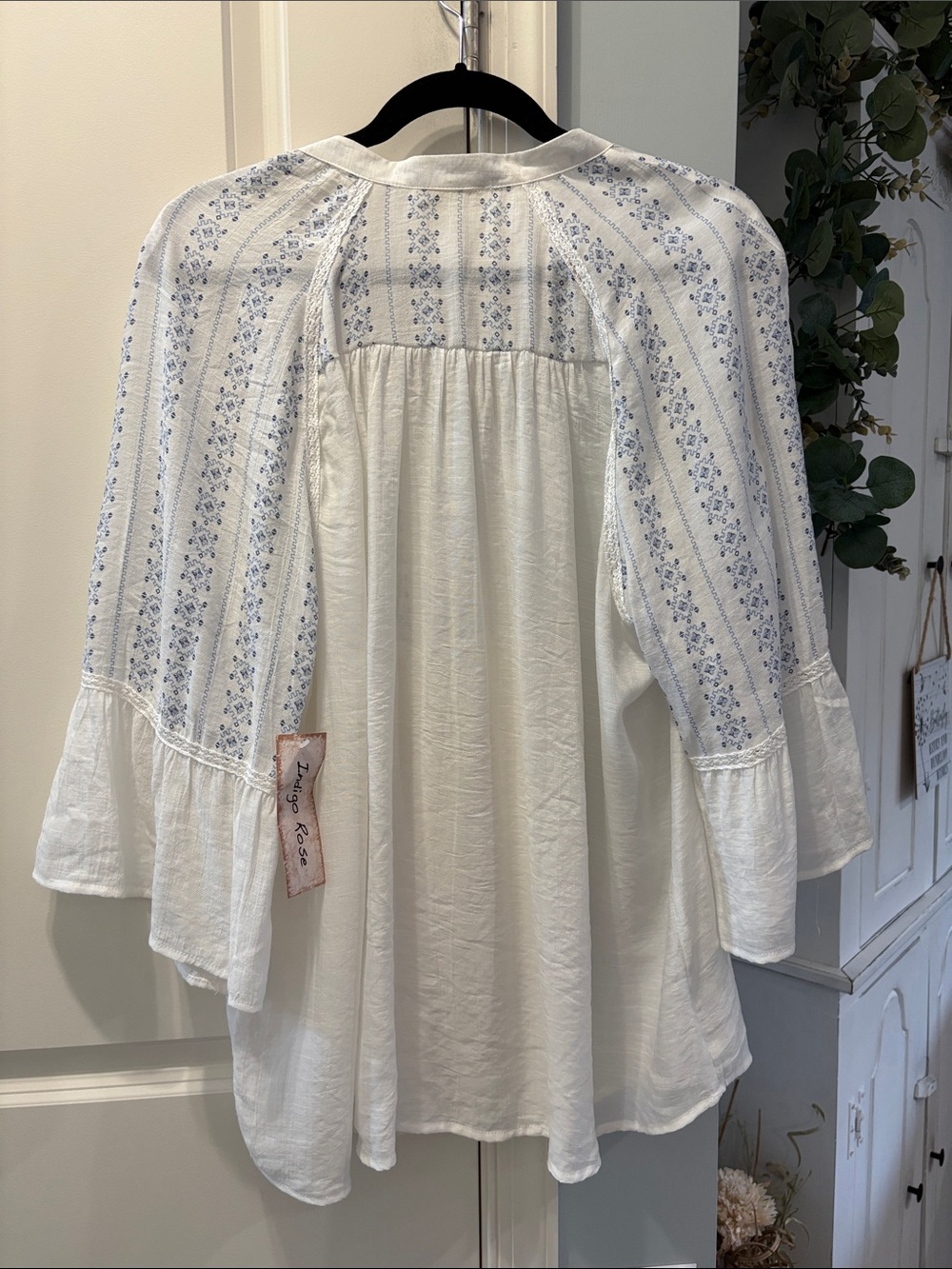 White Embroidered Boho Tunic Top with Light Blue Accents - Picture 2 of 3